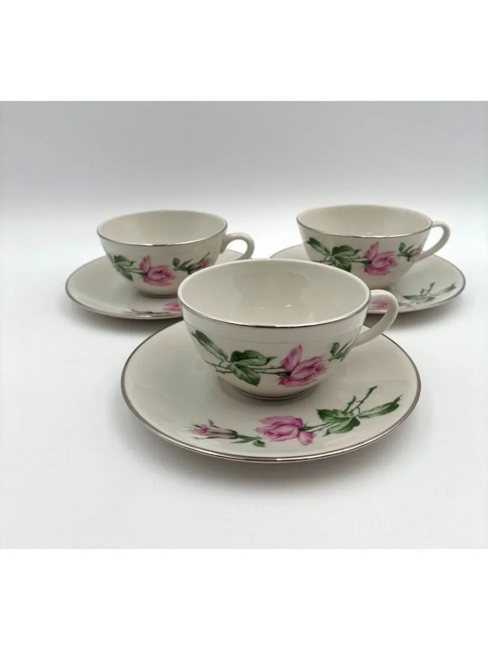 Vintage Youngsware YOU1 China Pink Rose Teacup & Saucer Set Of 3 6 Oz Capacity